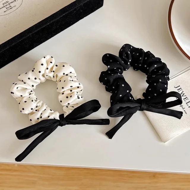 2pcs Polka Dot Bow Small Scrunchies – Girl's Elegant Style Hair Ties, Double Ponytail Elastic Bands, Hair Accessories 1