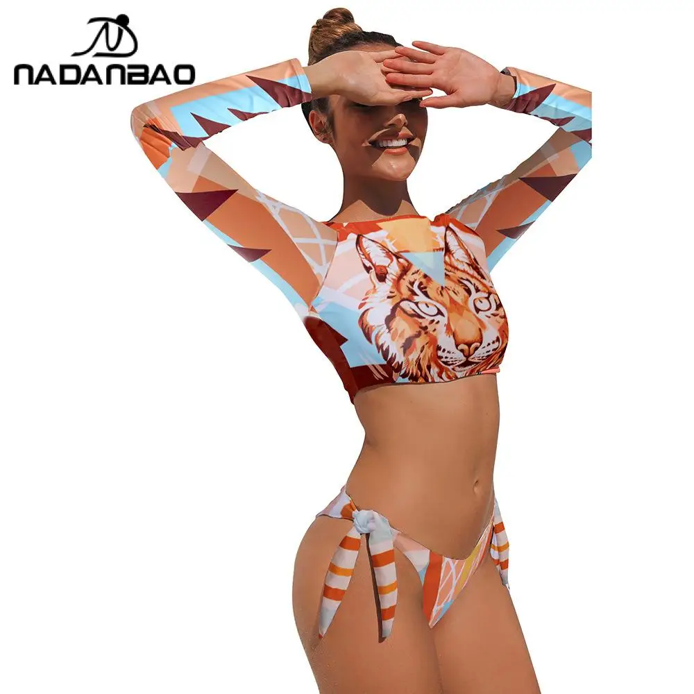 Nadanbao Sexy Swimsuit Women Leopard Animal Print Two-Piece Bikini Set Female Long Sleeve Summer Fashion Surfing Beachwear