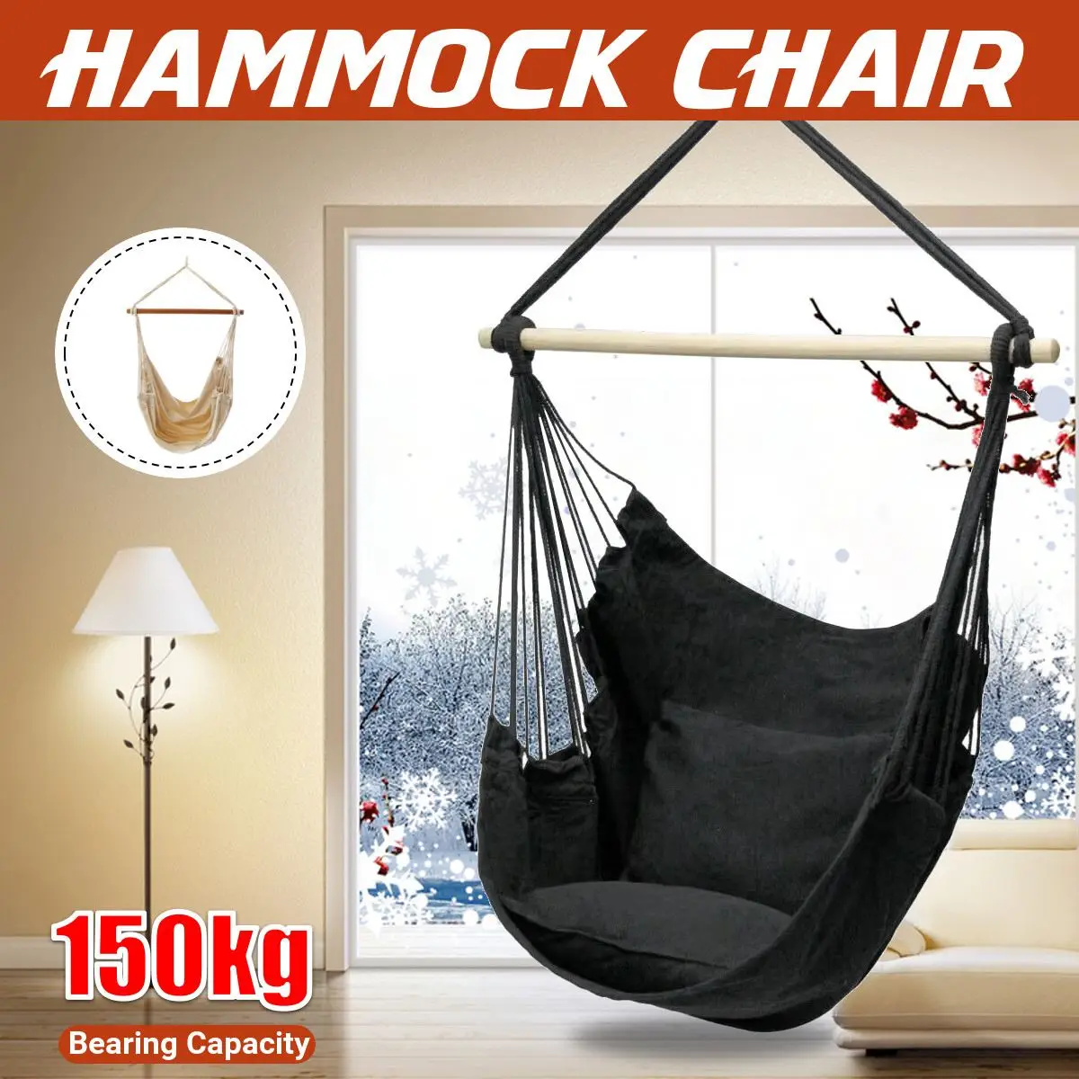 

Portable Home Garden Hanging Tassel Hammock Chair Outdoor Indoor Dormitory Swing Chair with Wooden Rod 2 Pillows Lazy Chair