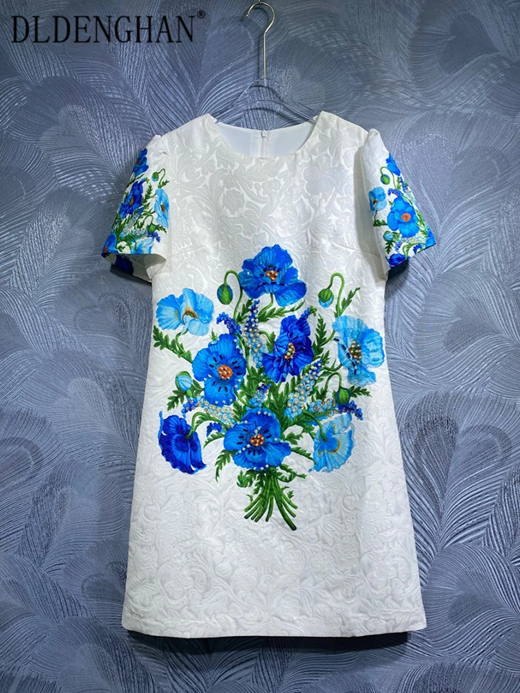 

Летнее жаккардовое платье DLDENGHAN, женские винтажные Мини-платья с круглым вырезом и коротким рукавом, Украшенные бусинами и цветочным принтом, модные дизайнерские новые