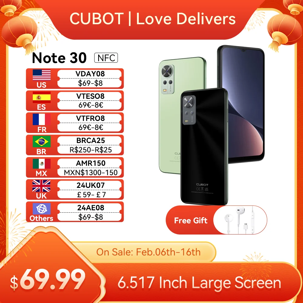 Cubot Note 30, 4G Telefoni Cellulari In Offerta, Smartphone Android 12, Octa-Core, 4 Gb+64 Gb (256 Gb Estesi), Schermo Da 6.517 Pollici, 4000 Mah, 20 