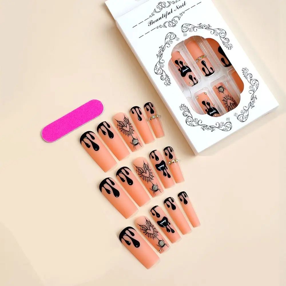 Fashion Wearable Manicure Long Water Pipe Fake Nails Long Length Square Head Halloween False Nail Full Cover Press on Nails Girl
