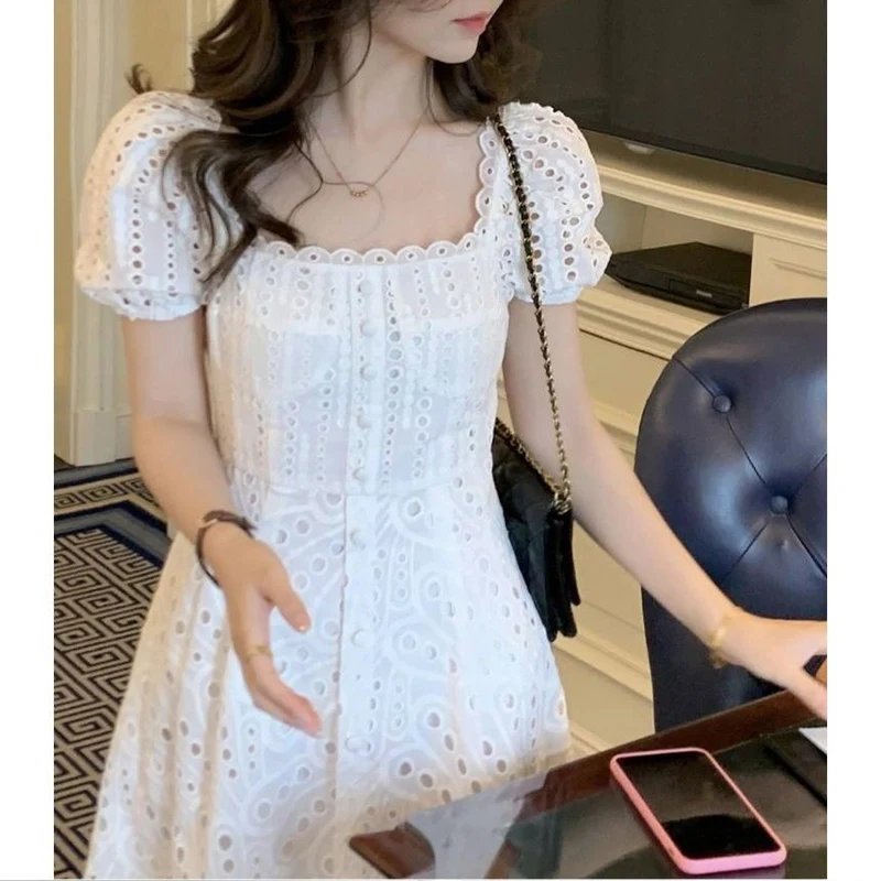 

Summer New Korean Elegant Hollow Out White Midi Birthday Dress Women Short Sleeve Sexy Vestidos De Fiesta Fashion Female Clothes