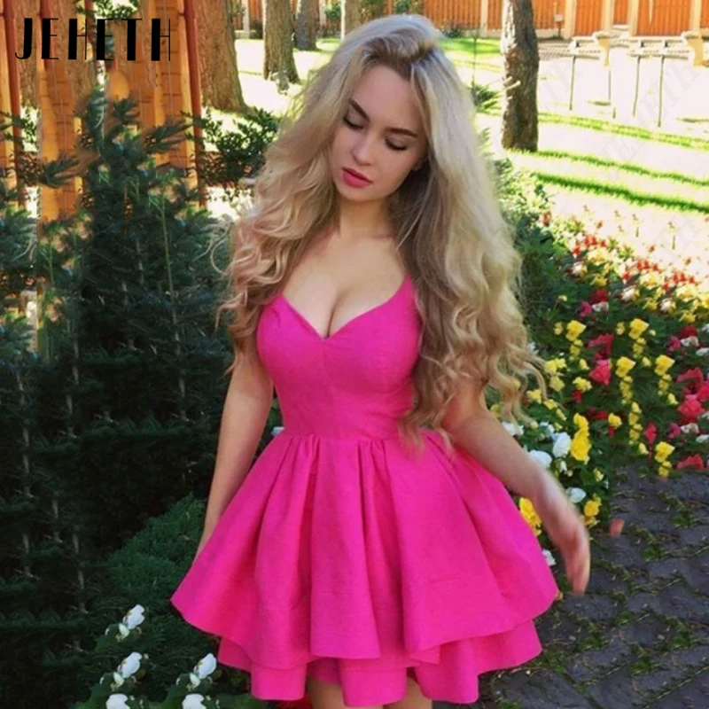 

JEHETH Rose Pink Mini Prom Dress For Women Satin Pleat Homecoming Gown V-Neck Princess Robes De Soirée A-Line Backless Customize