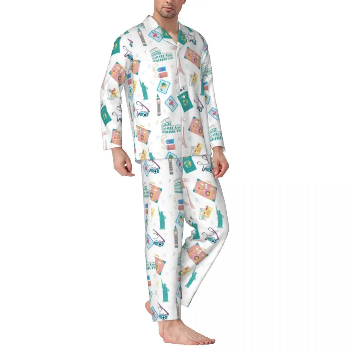 

Travel Vacation Pajamas Men Passport Holiday Suitcase Bedroom Sleepwear Autumn Two Piece Casual Loose Oversized Pajamas Set