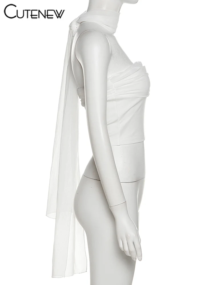 Women's White Ruffled Bustier Vest Shapewear Slim Undershirt Hanging Neck Silk Scarf Top Summer Clothing For Women