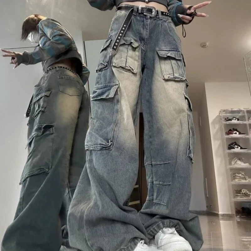 

Y2K multi-pocket design high street overalls women's 2023 summer wide-leg fashion niche washable loose high-waisted jeans pants