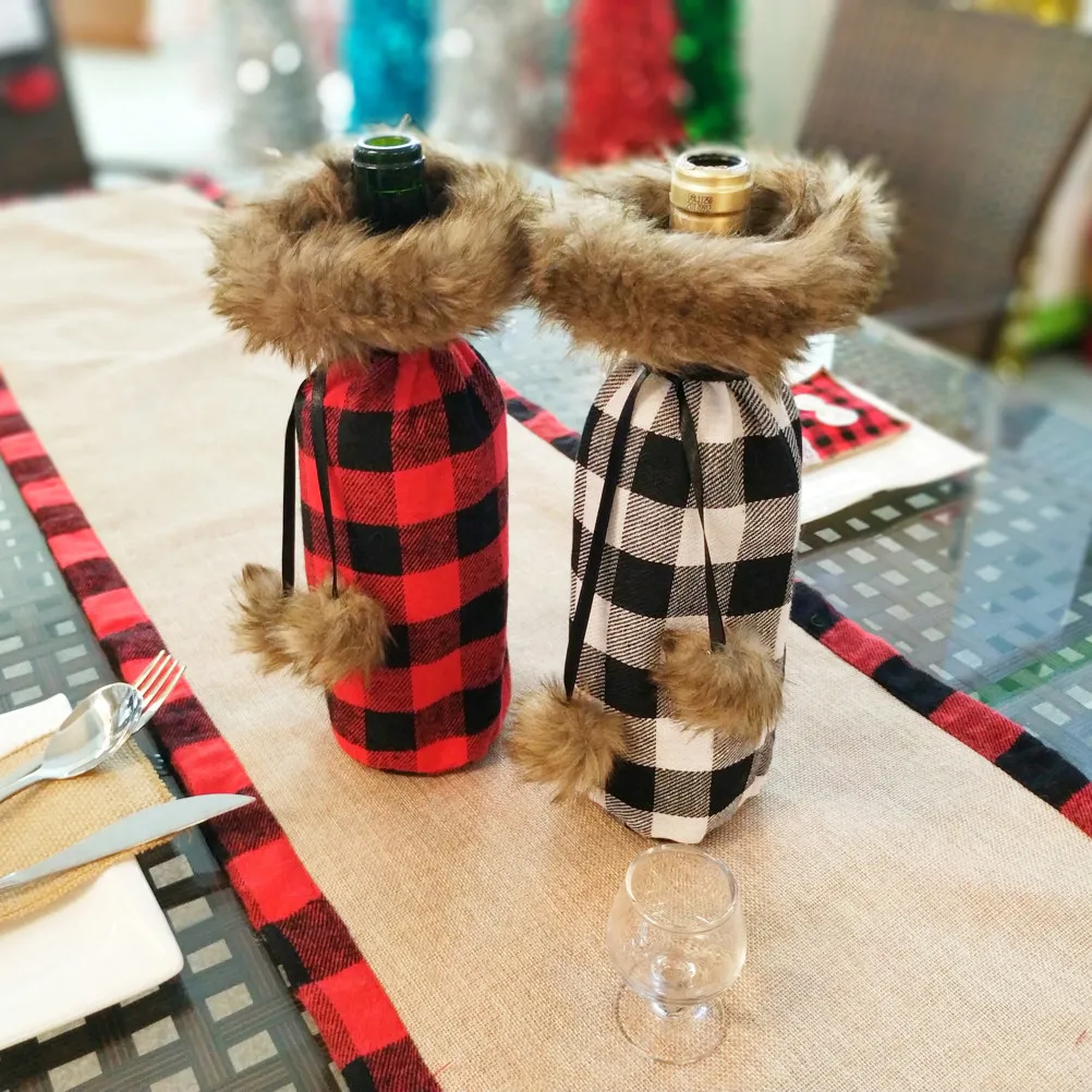 2Pcs 와인 병 슬리브 캠핑 바베큐 해변 사용을위한 멋진 패션 그리드 패턴 보호대 크리스마스 선물 보관 주머니
