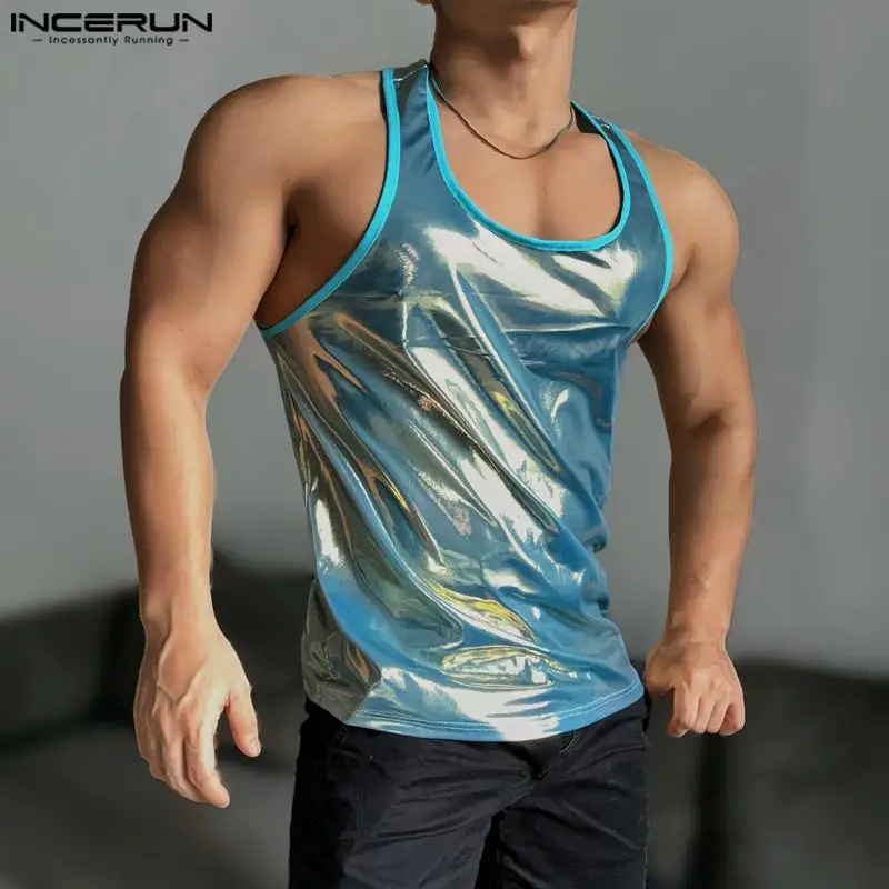 INCERUN 남성용 빛나는 솔리드 O-넥 민소매 탱크 탑, 캐주얼 남성 조끼, S-5XL 스트리트 웨어, 여름 파티 패션, 남성 의류, 2024