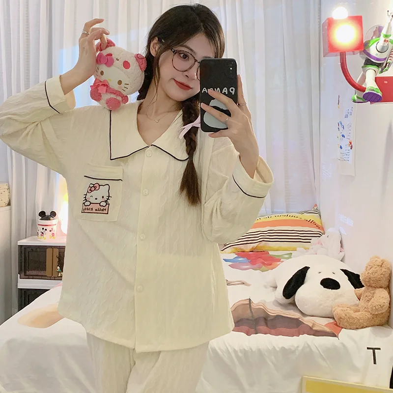 

Kawaii Sanrio Hellokittys Pajamas Female Spring and Autumn New Long-Sleeved Cotton Comfortable Cardigan Home Service Suit