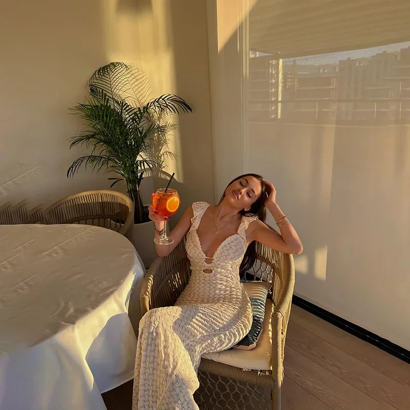 Knit V-Neck Fashion Maxi Dress Women's Slim High Waist See-Through Patchwork Bandage Backless Dress Female Knitwear Dress