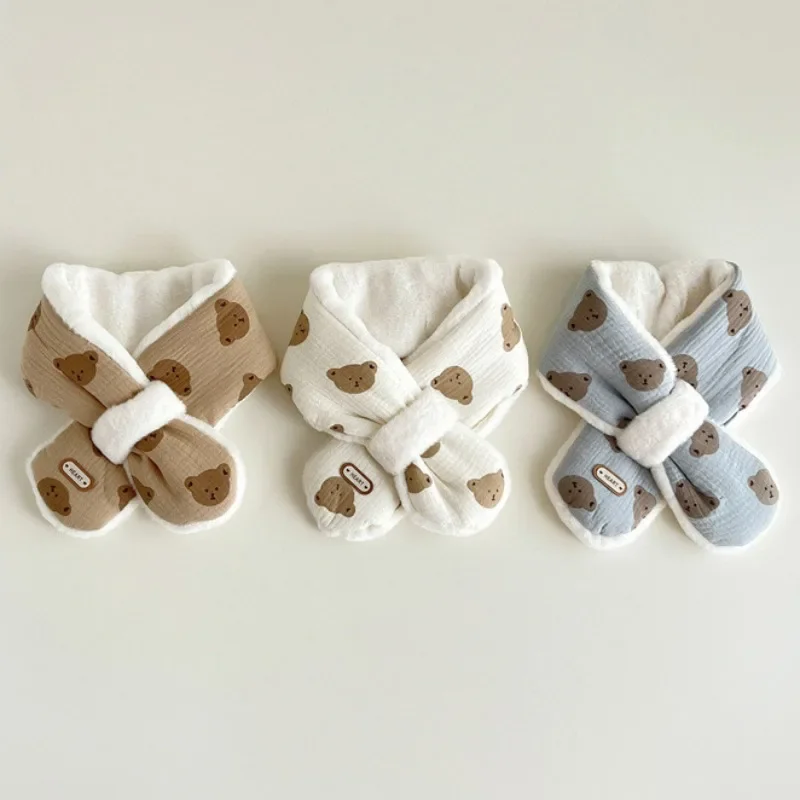 Baby Scarf Korean Baby Winter Scarfs for Girls Boys Bear Fleece Children Neck Warmer Cross Warm Kids Scarves Baby Accessories 1-6Years