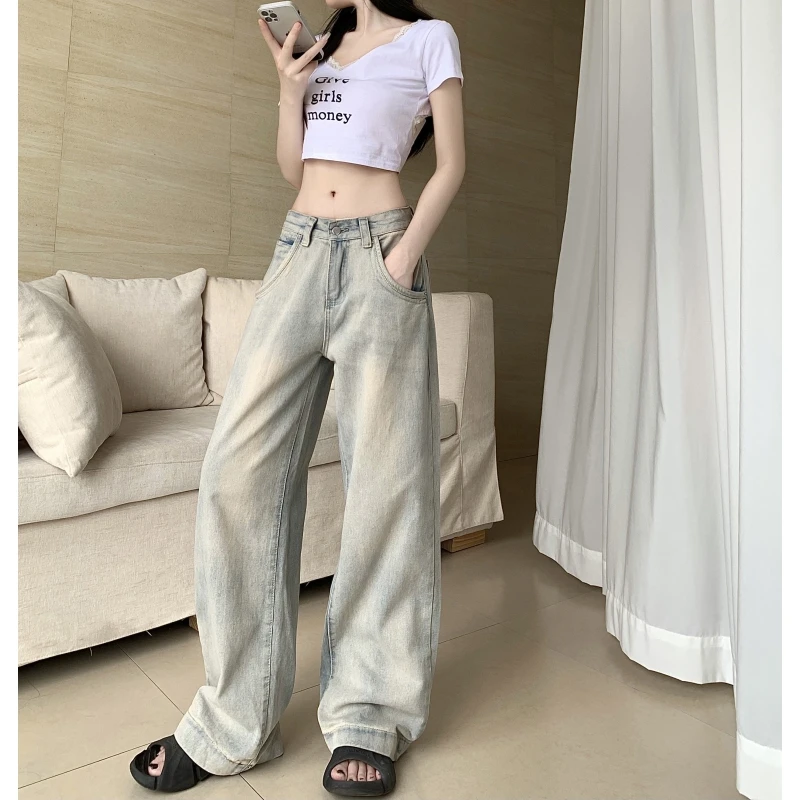 

Vintage Blue High Waist Women Jeans Thin Style American Fashion Streetwear Wide Leg Jean Female Denim Trouser Baggy Denim Pants