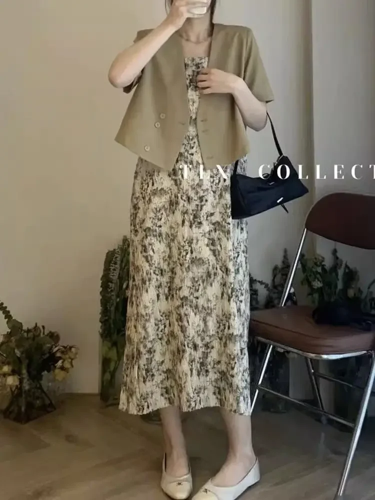 2 Piece Sets Dress for Women Elegant Short Sleeve Blazer Suit +Print Spaghetti Strap Long Summer Dress New in Matching Sets