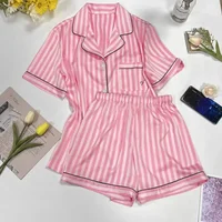 Women Summer Pajamas Short-Sleeved Lapels and High-Quality Pink Striped NightWear Loungewear Two-Piece Set ladies sleepwear
