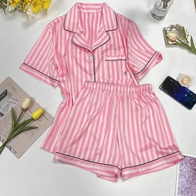 Women Summer Pajamas Short-Sleeved Lapels and High-Quality Pink Striped NightWear Loungewear Two-Piece Set ladies sleepwear