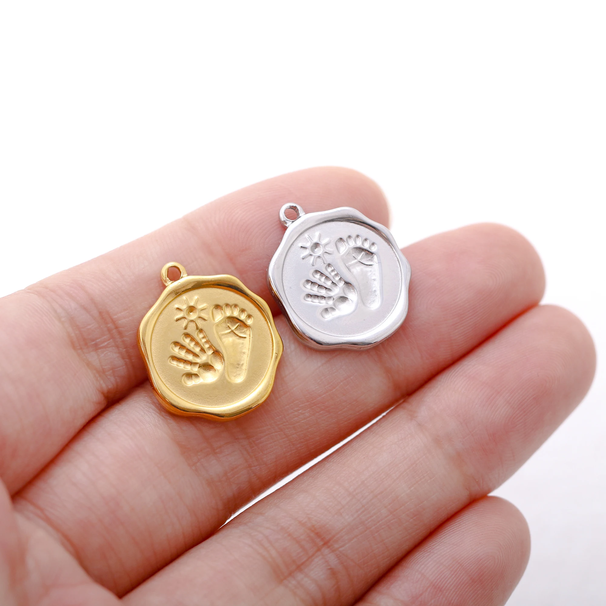 3PC Stainless Steel Cute Baby Footprint Handprint Charms Parent
