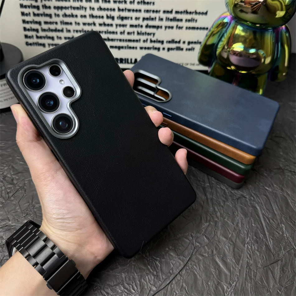 Luxury Retro Leather Case with Magnetic Metal Lens Ring and Shockproof Design