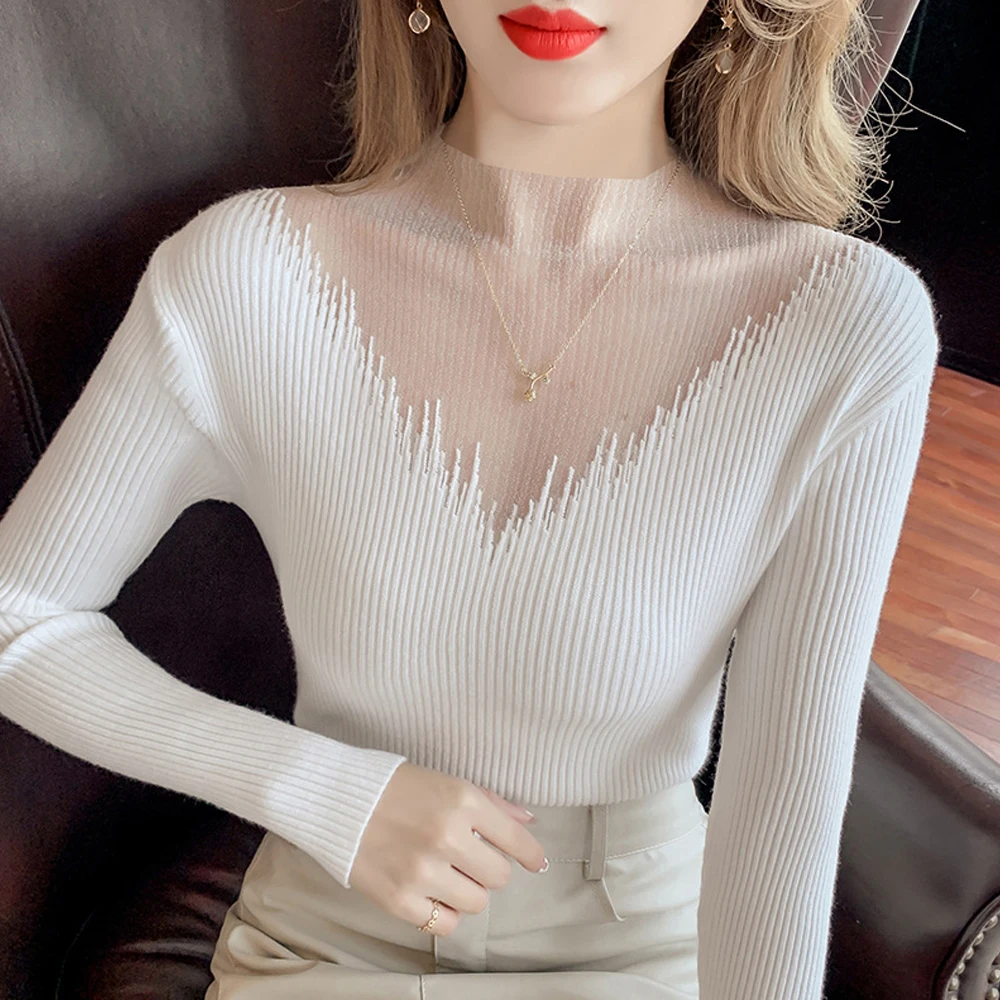 S-2XL Sexy Women Transparent Knit T Shirt Autumn Lace Patchwork Expose T-Shirt Sweater Turtleneck Elastic Shirt Top Black White
