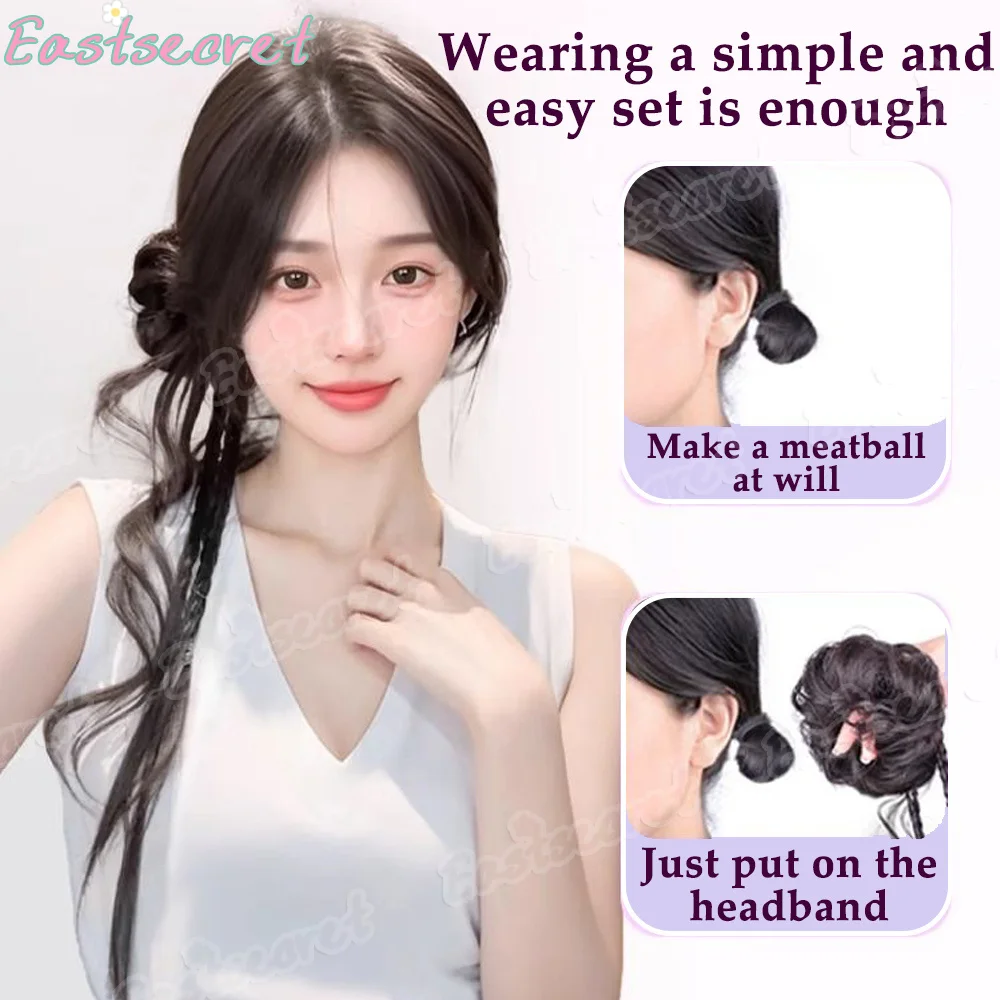 EAST 합성 24인치 롱 브레이드 헤어 번 트위스트 디자인 블랙 플러피 탄성 헤어 번 포니테일 (여성용)