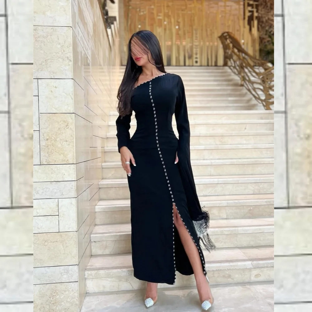 Jiayigong  Jersey Feather Draped Tassel Christmas A-line Off-the-shoulder Bespoke Occasion Gown Midi Dresses