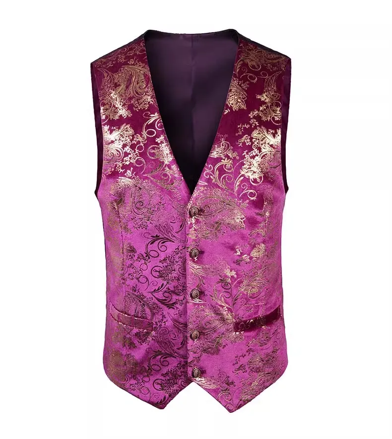 Pink Vests Victorian Waistcoat Men Gilet Costume Homme Vintage Gold Bronzing Floral Printed Party Dress Suit Vest Mens Chalecos
