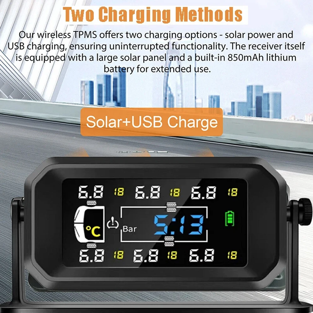 Car TPMS Solar Tire Pressure Monitoring System HD Color Screen Tire Pressure Temperature Safety Alarm with 6 External Sensors