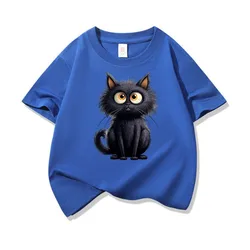Adorable Black Cat Graphic Kids' Cotton Tee - Soft, Breathable Short Sleeve Shirt - 160 (Blue H1567)