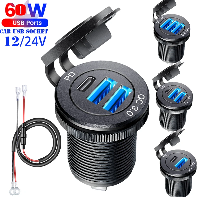 

Car usb extension socket 12V/24V Triple USB C Car Charger Socket USB Outlets PD & QC3.0 Aluminum Metal Car Socket Adapter