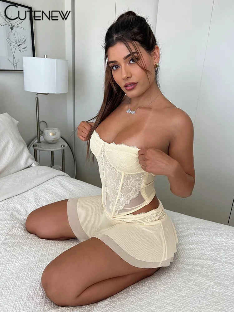Women's Elegant Sexy Lace See Through Two Piece Set Solid Patchwork Off-shoulder Ruched Top+ Slim Skirts Lady Dress Suit