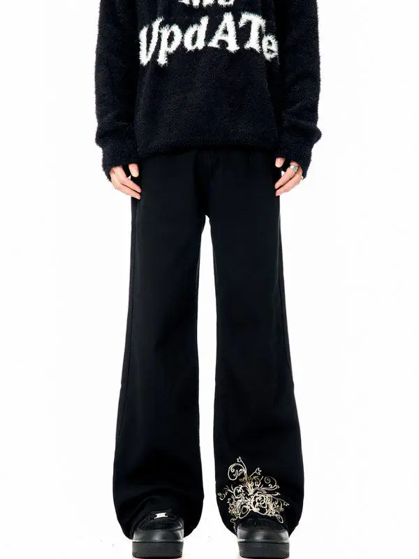 American black jeans men embroidered leg silhouette ins niche fashion loose casual Korean style simple versatile straight pants