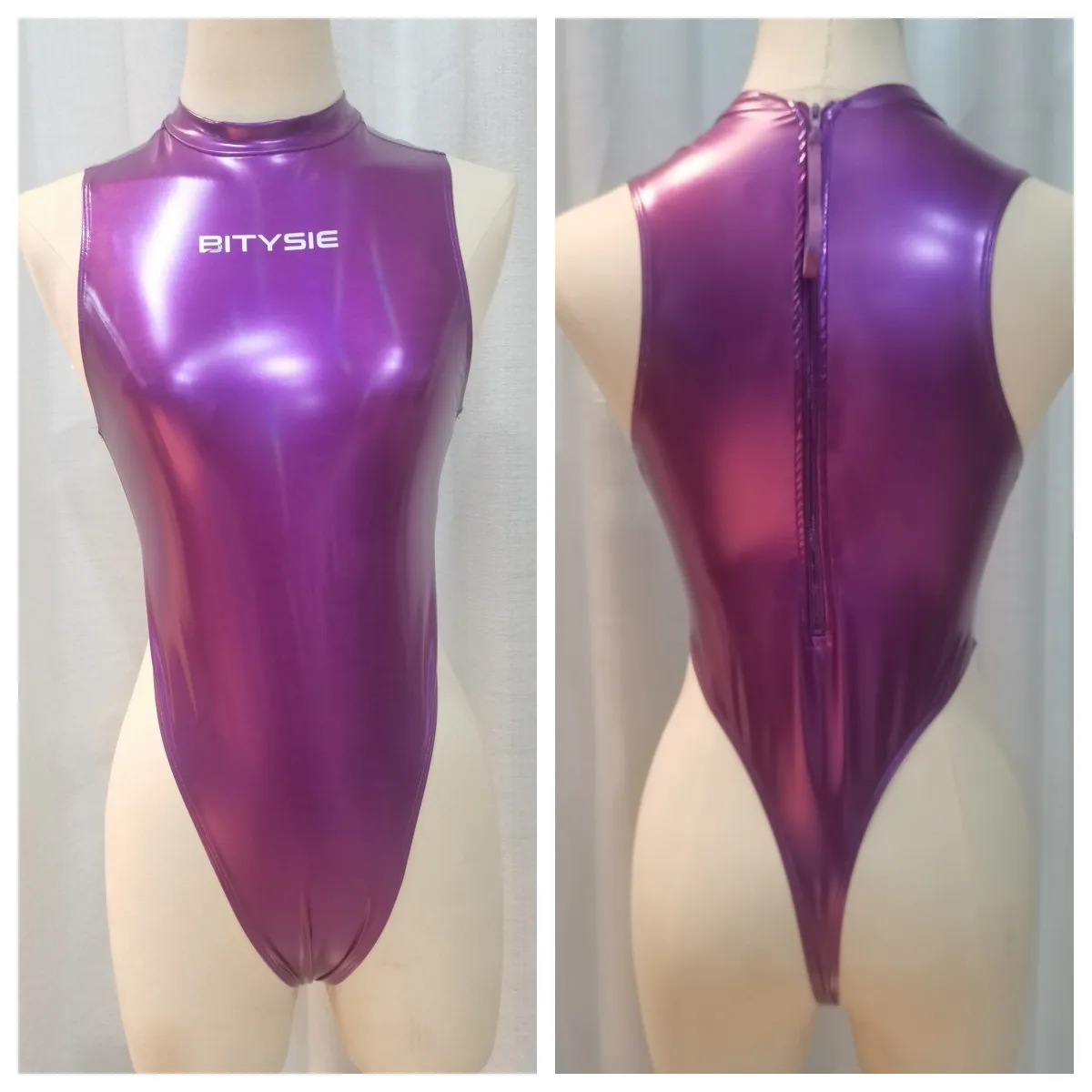 Bitysie Enamel T-Shaped Japanese One-Piece Thong High Leg Cut Leotard Seductive Swimwear Competitive Rubberized Wat High Neck