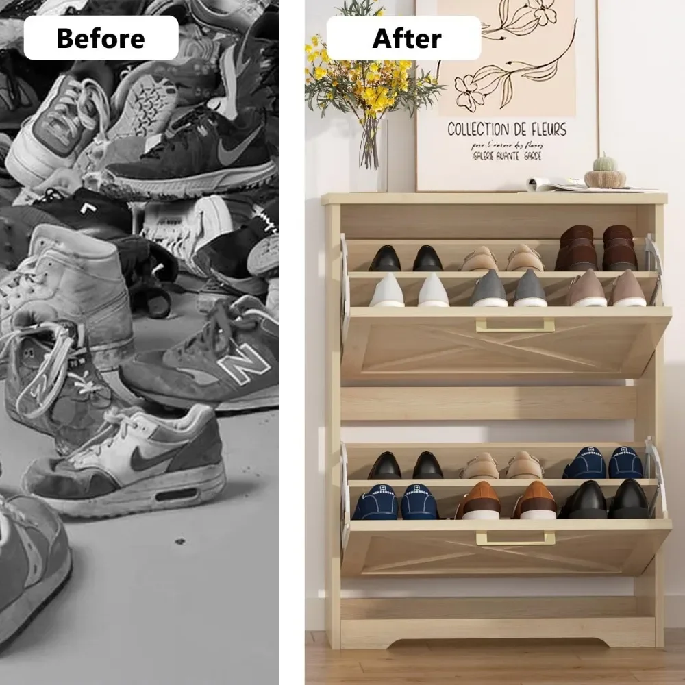 Shoe Organizer with 2 Flip Drawers, 2 Tier Freestanding, Slim Narrow Shoe Cabinet for Entryway 5