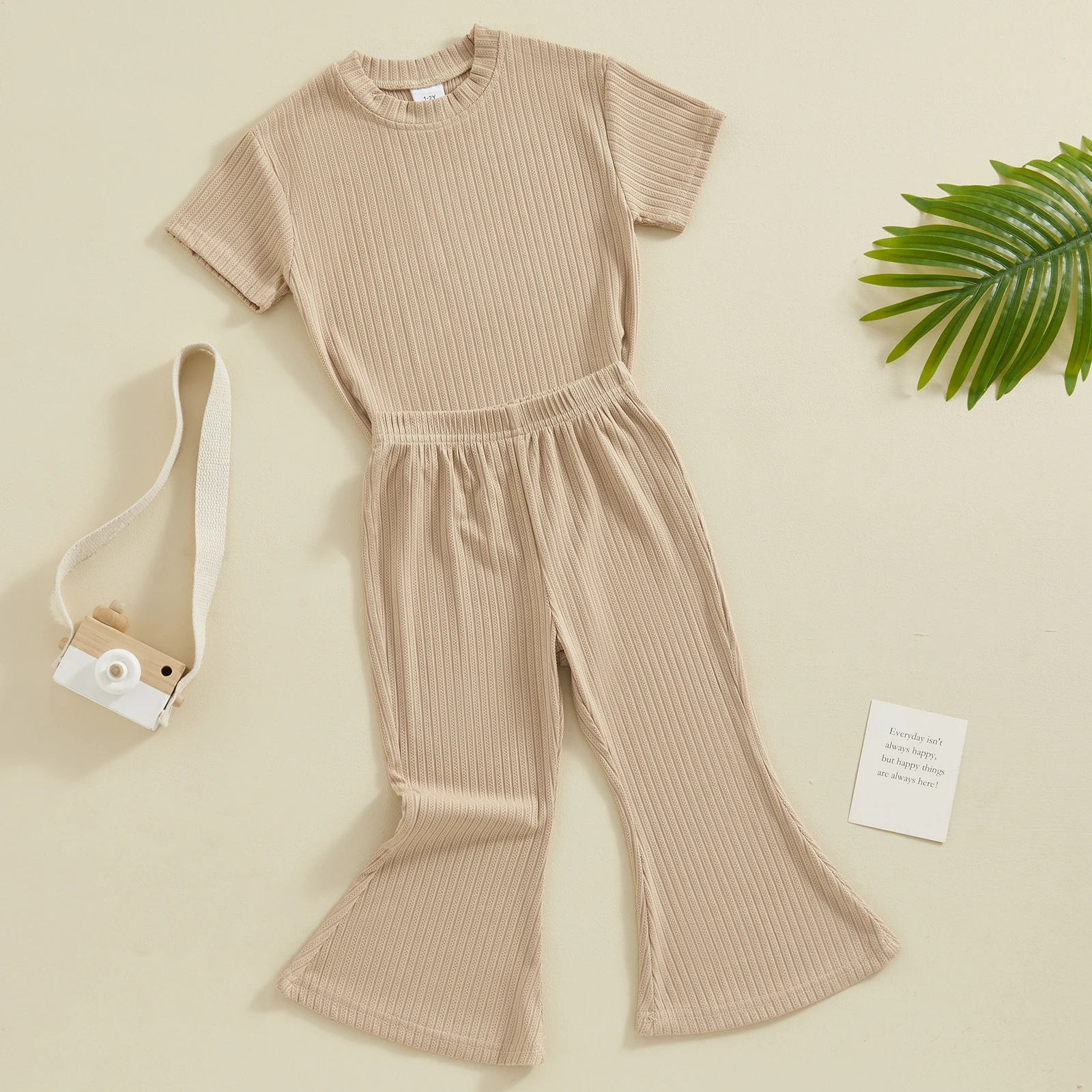 FOCUSNORM 0-5Y Toddler Kids Girls Summer Clothes Sets Short Sleeve Solid Ribbed Tops Flared Pants Sets