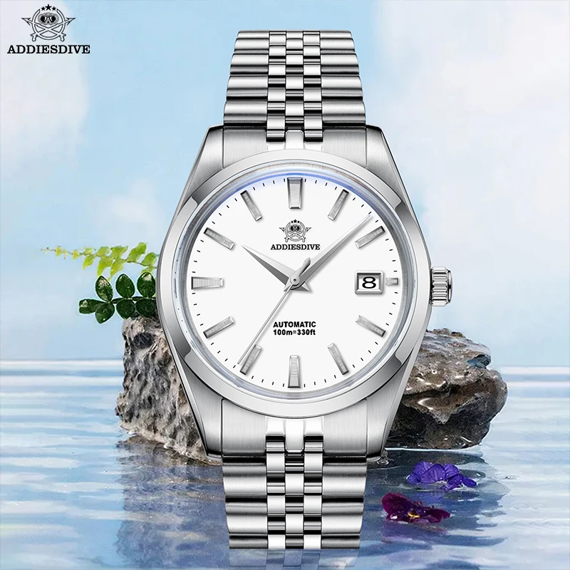 ADDIESDIVE 39mm Men's Watch Automatic Mechanical WristWatch NH35 Calendar Display 100m Waterproof Stainless Steel Diving Watches