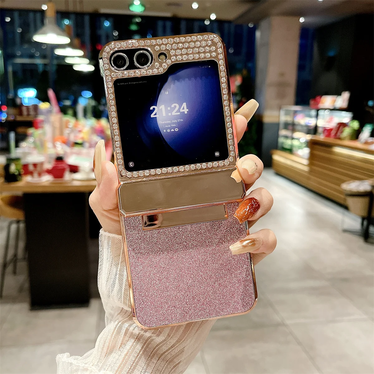 Coque de téléphone Samsung Galaxy Z Flip 5 4 3 5G, garniture en cuir Pu scintillante avec strass, charnière plaquée, couverture arrière en plastique_voghion.com