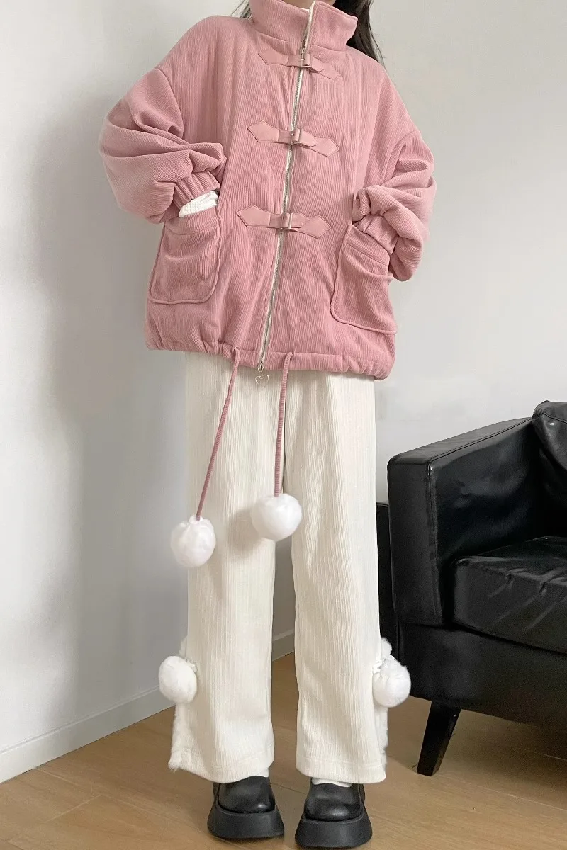 Fur Ball Pink Winter Bread Cotton-Padded Coat Corduroy Soft Comfortable Suit Autumn Winter Warm Long Sleeve Single-breasted Top