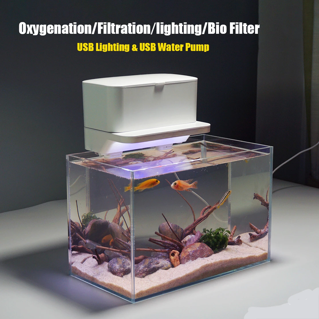 Aquarium Fish Tank Filter with Light for Fish and Plant Created by Using Advance Independent Multi-Layer Filter Unit 5V USB Plug silent aquarium air pump