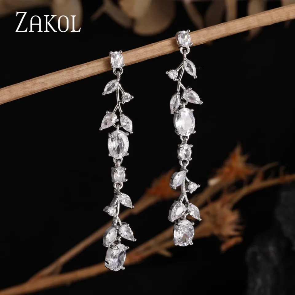 Long Wheatear Tassel Dangle Earrings Shiny Cubic Zirconia Charm for Women Wedding Party Jewelry Accessories