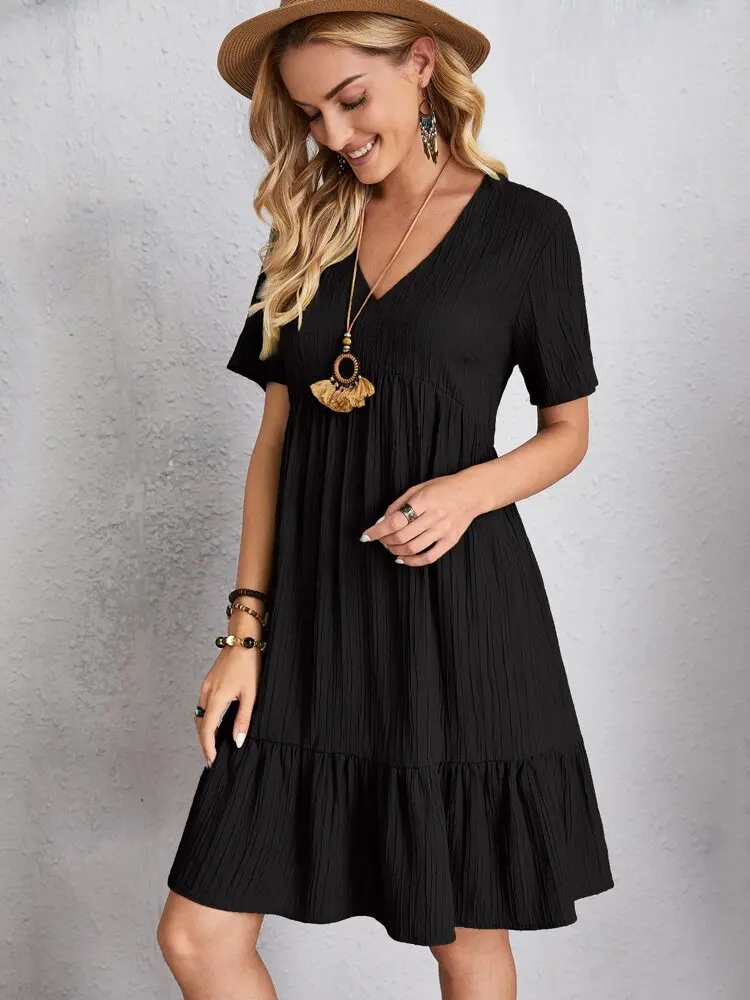 Elegant V Neck Ruffle Mini Dress - Womens Casual Summer Sundress