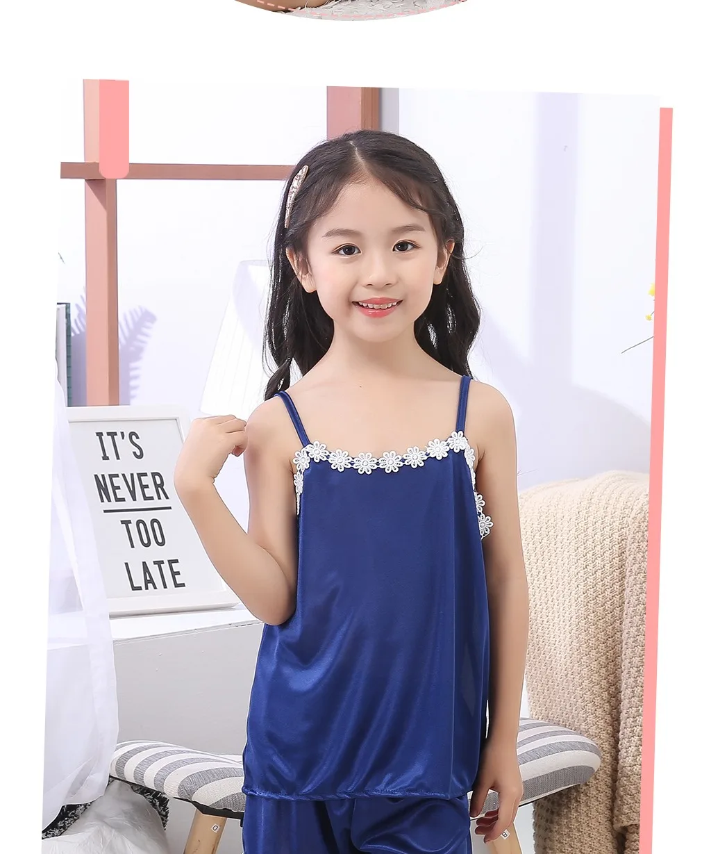 Girls Pajamas Sets Summer Children Satin Pajamas Kids Homewear Lace Vest+Short 2pcs Clothes Girls Nightwear Kid Silk Pyjamas pajama sets affordable	