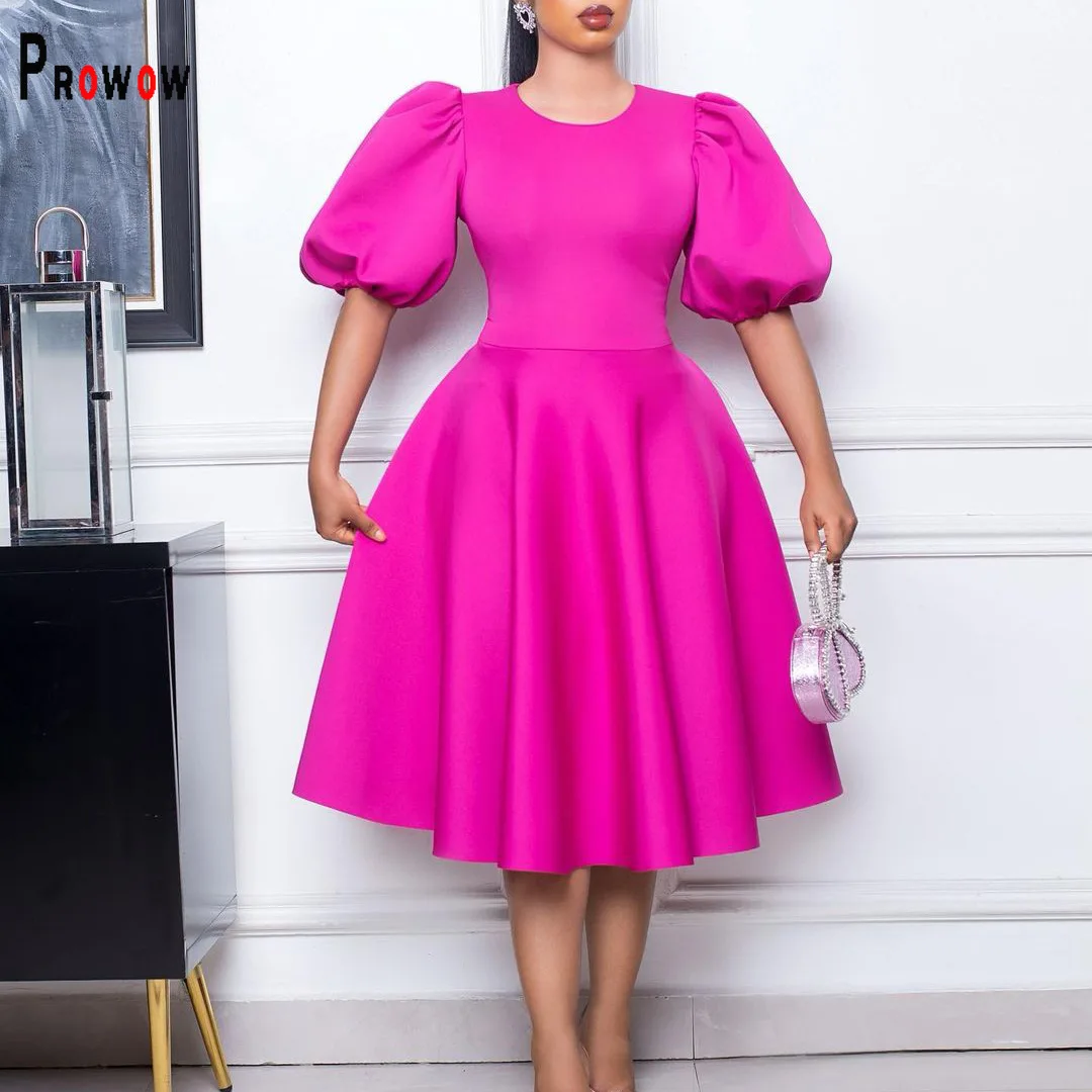 

Prowow A-line Slim Fit Women Dress Short Puff Sleeve Solid Color Summer Birthday Evening Party Wear Solid Color Female Clothing