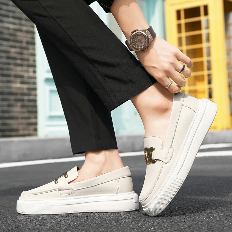 Original Black Men's Leather Loafers Fashion Platform Slip-on Casual Shoes Women Trendy Comfy Breathable Designer Moccasins Man