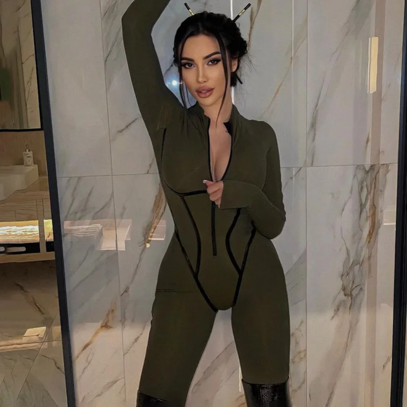 Autumn Women Leather Stripe Split Design Sense Leggings Sexy Spicy Girls Tight Long Sleeve Bodysuit  Jumpsuits Casual Sportswear
