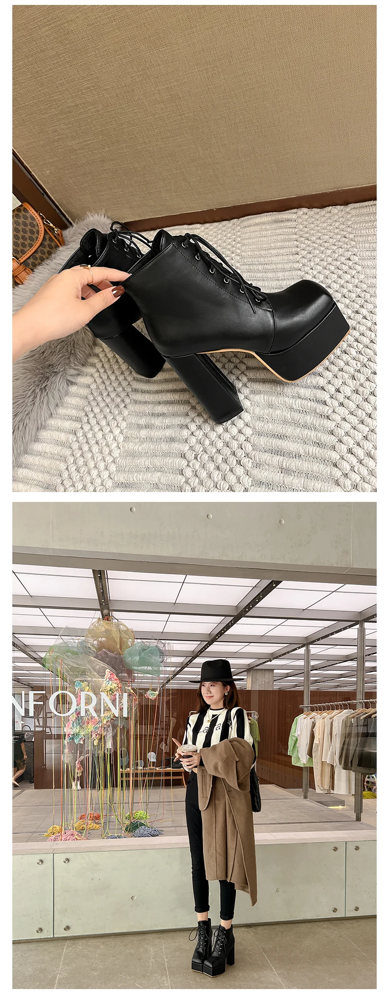 Quadratische Zehenpartie, hohe Plateau-Schnürung, einfarbig, sexy Damen-Stiefeletten, schwarze Lederstiefel, mattes Finish, Frühling und Herbst, neues High-End-Design, Runway-Modell-Stil, elegant, sexy, einfarbig, quadratischer Absatz, ultrastabil – Detail 5