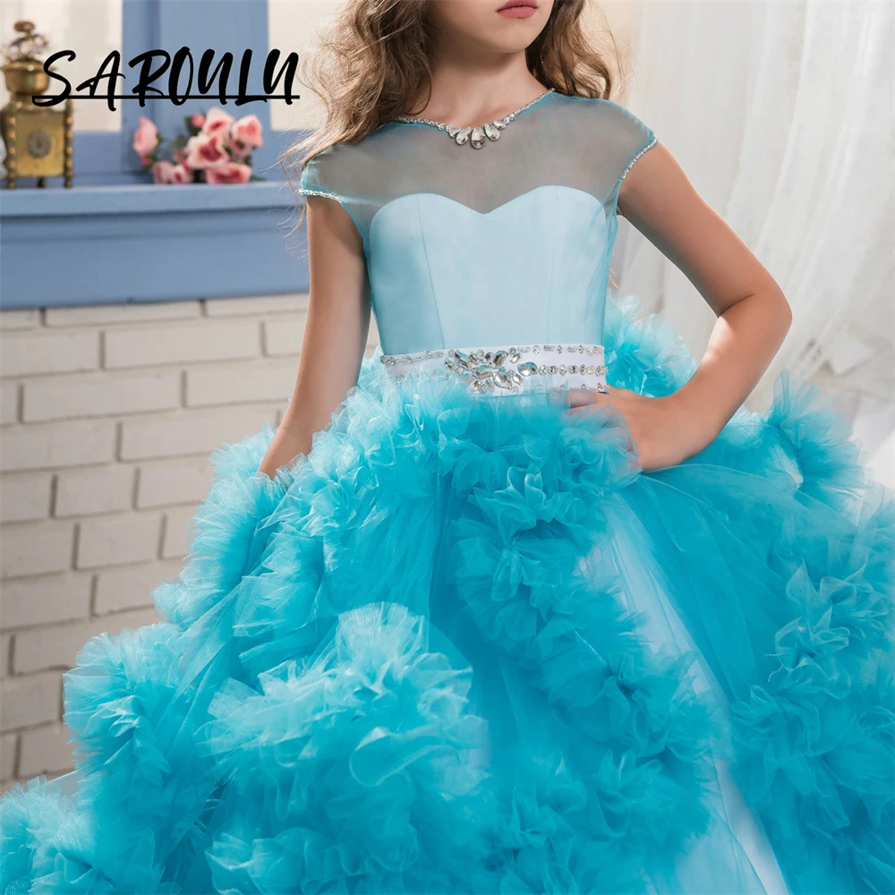 Flauschige süße Ballkleid für Mädchen kurze Ärmel Bogen Tüll Kinder Abendkleider Hochzeits gast Kleider