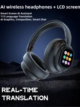 AI Translation Wireless Headphones, Magnetic LCD Touch Screen, Foldable Retractable Design, Real-time 115 Languages Translation, BT6.0, Multi-functions for Photo, Flashlight, Alarm & Voice Recording, AUX Wired Supported 2