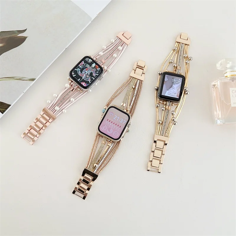 

For iWatch Diamond Metal+Nylon Watchbands for Watch Series Ultra 8 49mm 45mm 44mm Pearl Strap for Apple Watch 40mm 41mm Bracelet