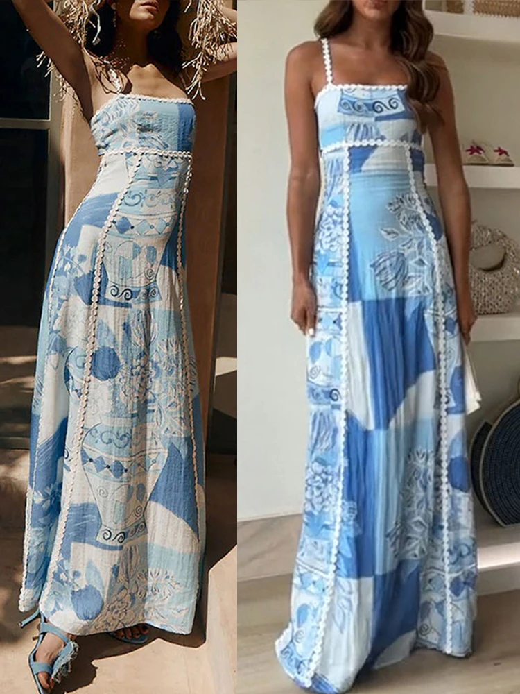 Linen Strapless Suspender Sexy Maxi Dress Women Lace Backless Large Hem Fashion Printed Long Skirt 2024 New Holiday Vestidos