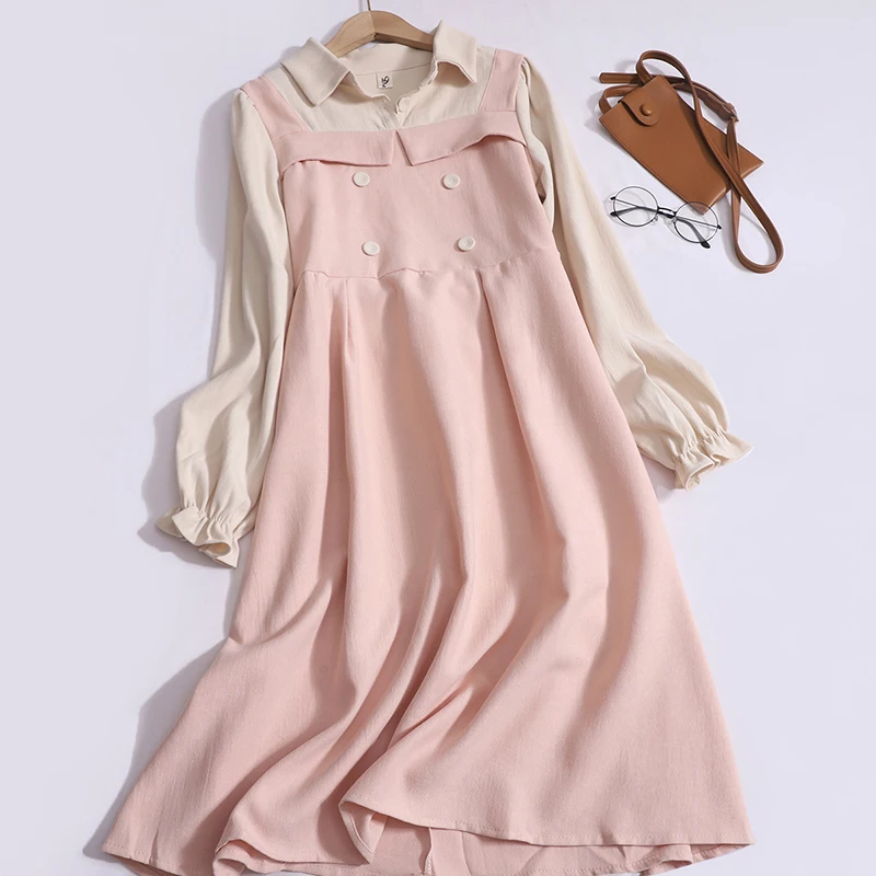 

Vintage Collision Color Patchwork Long-sleeved Pleated Dress Autumn Winter Lapel Double-breasted Basics Dresses Women